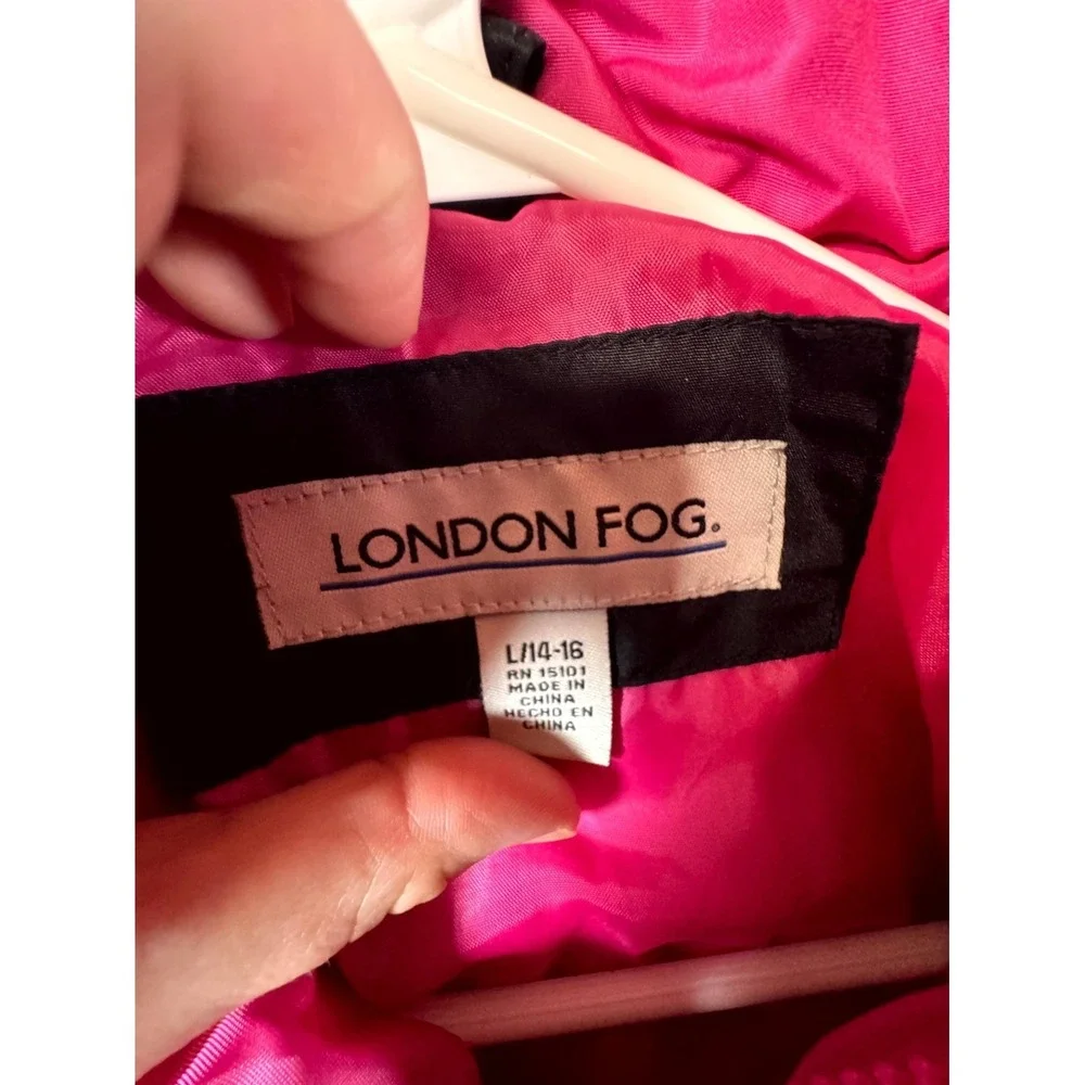 London Fog Puffer Jacket Girls Large 14-16 Black Pink Lined Polka Dots Softshell